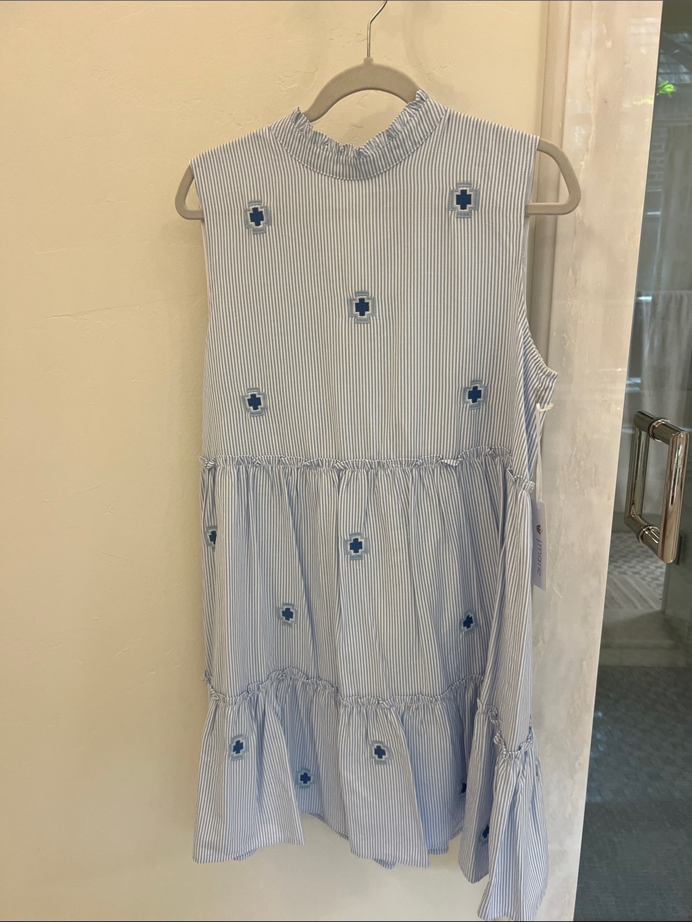 J.Marie Women’s Light Blue & White Striped Tiered Dress with Blue Embroidery - Picture 1 of 6